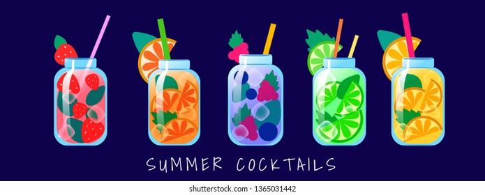 Vector set of colofurl tasty summer cocktails in jar cupping glass with lemon, berry, mint, orange. Vector template. Healthy lifestyle.