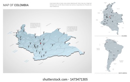 Vector set of Colombia country.  Isometric 3d map, Colombia map, South America map - with region, state names and city names. 