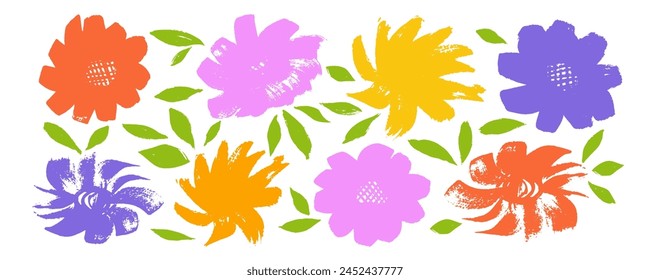 Vector set with color abstract flowers . Botanical colorful illustration with floral motif. Isolated vector illustration. Chrysanthemum or rose,  painted by brush. 