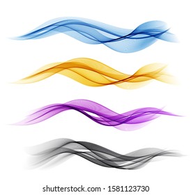 Vector Set of color abstract wave design element. Abstract background, color flow waved lines for brochure, website, flyer design. Transparent smooth wave. Purple, gold, blue
