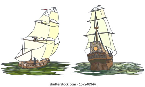 Vector set color artistic illustrations for icons: sailing ships of the 17th century.
