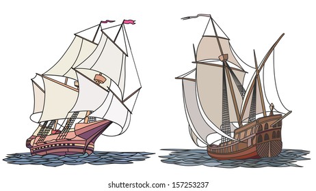 Vector set color artistic illustrations for icons, sailing ships of the 17th century.