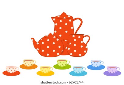 Vector set of color beautiful cups and red tea-pots