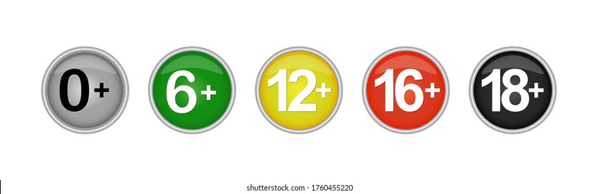 Vector set of color buttons with an age limit for viewing content.