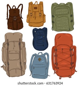 Vector Set of Color Cartoon Backpacks. Casual, Fashion, Hiking, Sport and Tactical Knapsacks