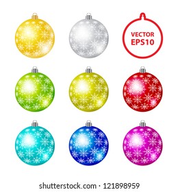 Vector set of color Christmas balls with snowflakes.