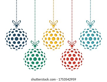 Vector set of color christmas balls drawn by dots. Template for laser cutting. Greeting card for new year celebration. Christmas card.
