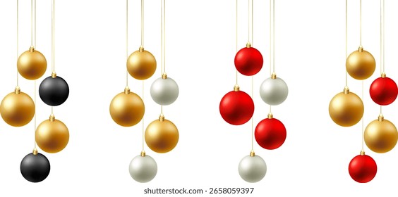 Vector Set Color Christmas baubles isolated on transparent background. Christmas Tree Decoration. Xmas Hanging balls.
