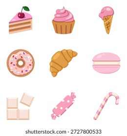 Vektorgrafik-Set von Farbdessert-Symbolen. Sweeties und Pastry Flat Design Illustrationen