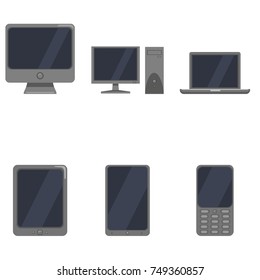Vector Set of Color Device Icons. Personal Computer, Monitor, Laptop, Tablet PC, Smartphone and Cellphone