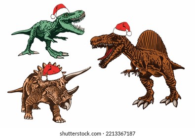 Vector set of color dinosaurs in Santa Claus red hats isolated on white background, dino collection