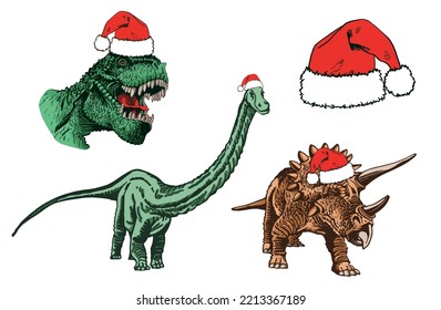 Vector set of color dinosaurs in Santa Claus red hats isolated on white background, dino collection