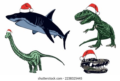 Vector set of color dinosaurs in Santa Claus red hats isolated on white background, dino collection