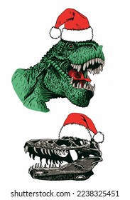 Vector set of color dinosaurs in Santa Claus red hats isolated on white background, dino collection