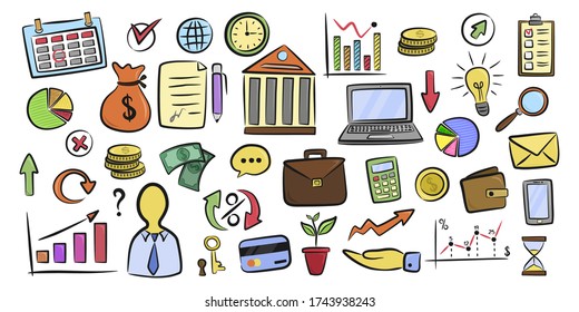 Vector set of color doodle business and finance Icons and elements on white background. Isolated drawing vector illustration