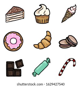 Vector Set of Color Doodle Dessert Icons.