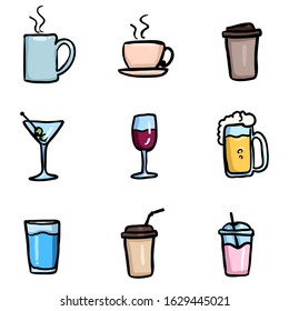 Vector Set of Color Doodle Drinks Icons.