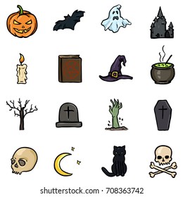 Vector Set of Color Doodle Halloween Icons. Traditional Halloweens Attributes on White Background