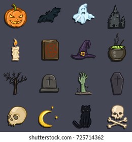 Vector Set of Color Doodle Halloween Icons. Traditional Halloweens Atributes on Dark Background