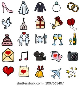 Vector Set of Color Doodle Icons - Wedding Pictograms