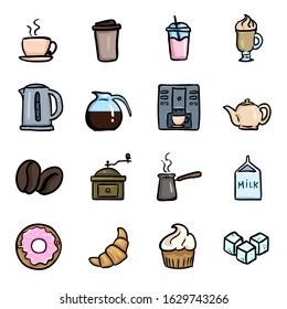 Vector Set of Color Doodle Icons for Coffee Shop