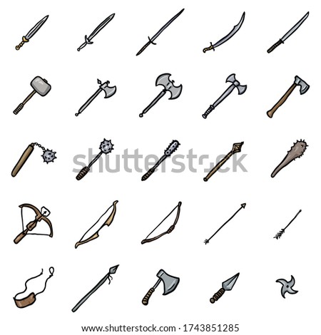 Vector Set of Color Doodle Medieval Weapon Icons