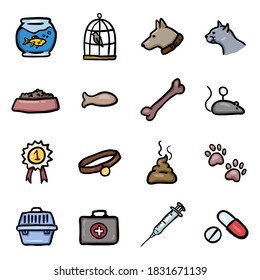 Juego de vectores de iconos de mascotas con doodle de color