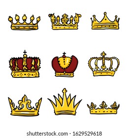 Vector Set of Color Doodle Royal Crown Icons