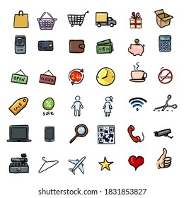 Juego de vectores de íconos de compra de Doodle de color