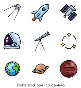 Vector Set of Color Doodle Space Icons. Astronomy Symbols.