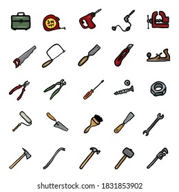 Vector Set of Color Doodle Work Tools Icons