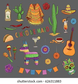 Vector set of color drawings Cinco de Mayo. Isolated objects on a gray background. Mexican party elements