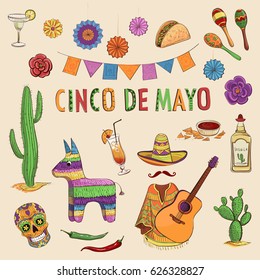 Vector set of color drawings Cinco de Mayo. Attributes of a Mexican party on a light background