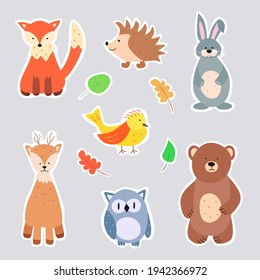 Vector set of color drawings of forest animals. Bear fox owl Hare hedgehog bird Deer trees. A set of stickers with an outline