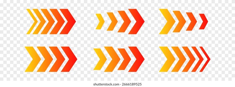 Vector set of color dynamic arrows png. Accelerating arrow representing dynamism and speed.
