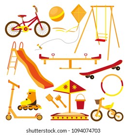 Vector set of color elements for children's outdoor entertainment. Playground, swing, bike, roller skates, skateboard, scooter, ball, kite, sandbox.