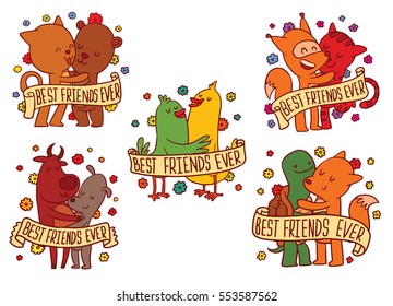 Vector set of color emblems with banners, with cartoon images of cute hugging animals: cat and bear, squirrel and tiger, two birds, bull and dog, turtle and fox on white background. Best friends ever.