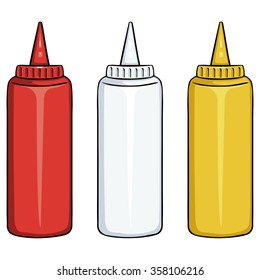 Vector Set of Color Fast Food Plastic Bottles. Ketchup, Mayo, Mustard