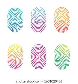 Vector set of color fingerprints isolated on white background. Thumb finger print or personal id, unique biometric identity for police or security