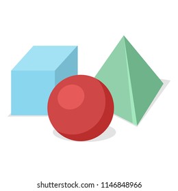Vector Set of Color Flat Geometric Shapes. Cube, Sphere and Tetrahedron