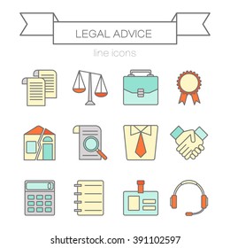 Vector set of color flat line icons for law firm includes blank icons, tariffs, division of property, etc. Juridical elements isolated on background. 