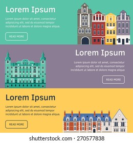Vector set of color flat  template with old european building, simple text and button in material style. Euro trip. Travel theme.