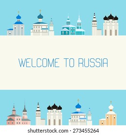 Vector set of color flat template with old Russian Orthodox Church, simple text and button in material style. Welcome to Russia. Travel theme.