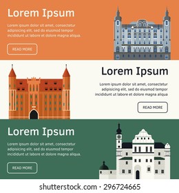 Vector set of color flat template with old European building, simple text and button in material style. Euro trip. Travel theme.