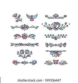 Vector set of color floral decorative elements and text decorations. Flat geometrical design elements. 