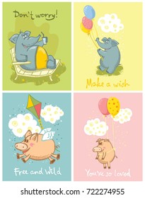 Vector set of color funny cards with cute elephants and pigs