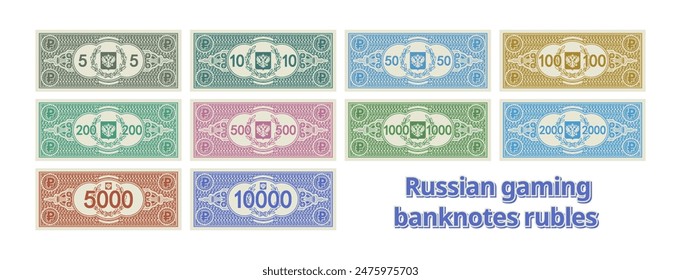 Vector set of color gaming Russia banknotes. Russian Federation notes in denominations of 5, 10, 50, 100, 200, 500, 1000, 2000 and 5000 rubles. Collection. Blazon, wreath and guilloche mesh.