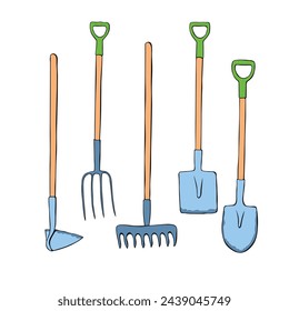 Vector set of color garden tools: shovel, hoe, rake, pitchfork, in doodle flat style isolated. Equipment for gardening farming agriculture