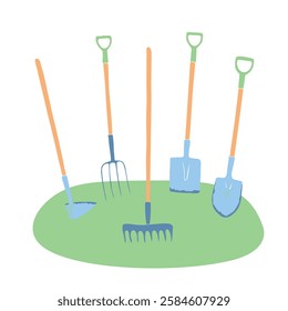 Vector set of color garden tools. Shovel, hoe, rake, pitchfork, in flat style isolated. Equipment for gardening farming agriculture