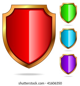 Vector set of color glossy shields isolated on white background.